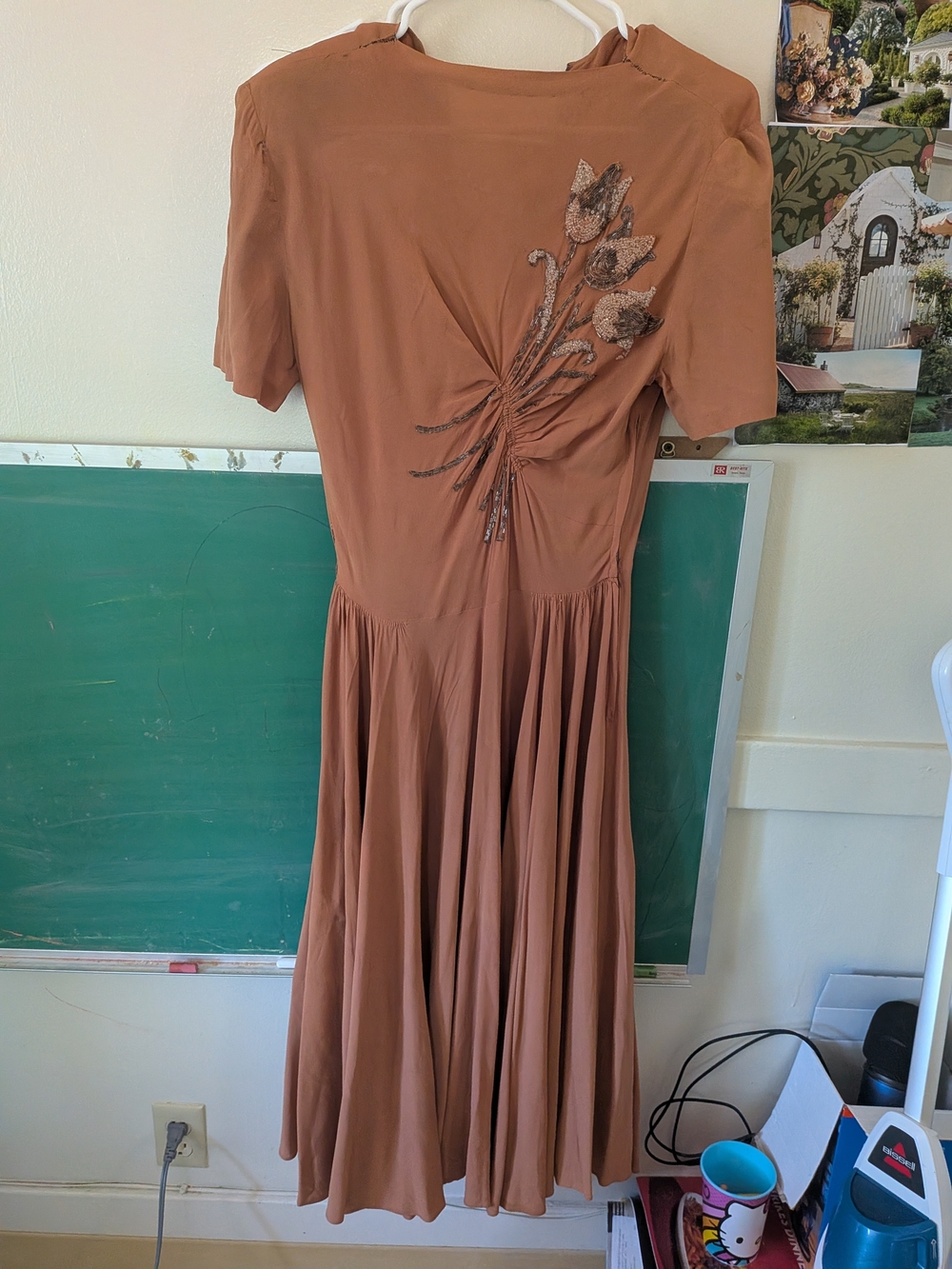 Vintage 1940s Women’s Cocoa Brown Midi Dress with Floral Beaded Detail